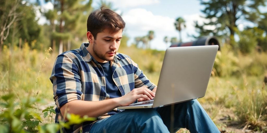 Ein Mann mit einem Laptop im Freien.
