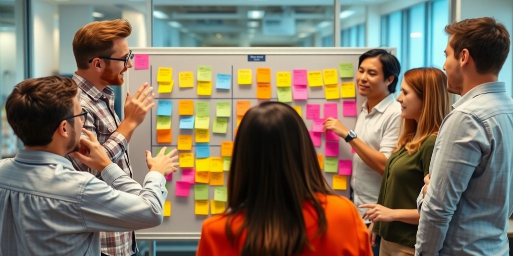 Scrum Board mit Aufgaben und Entwicklern im Büro