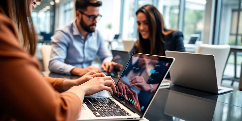 Teammitglieder arbeiten gemeinsam an Computern