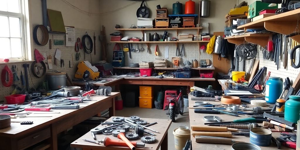 Eine belebte Werkstatt mit Werkzeugen und unvollendeten Projekten.